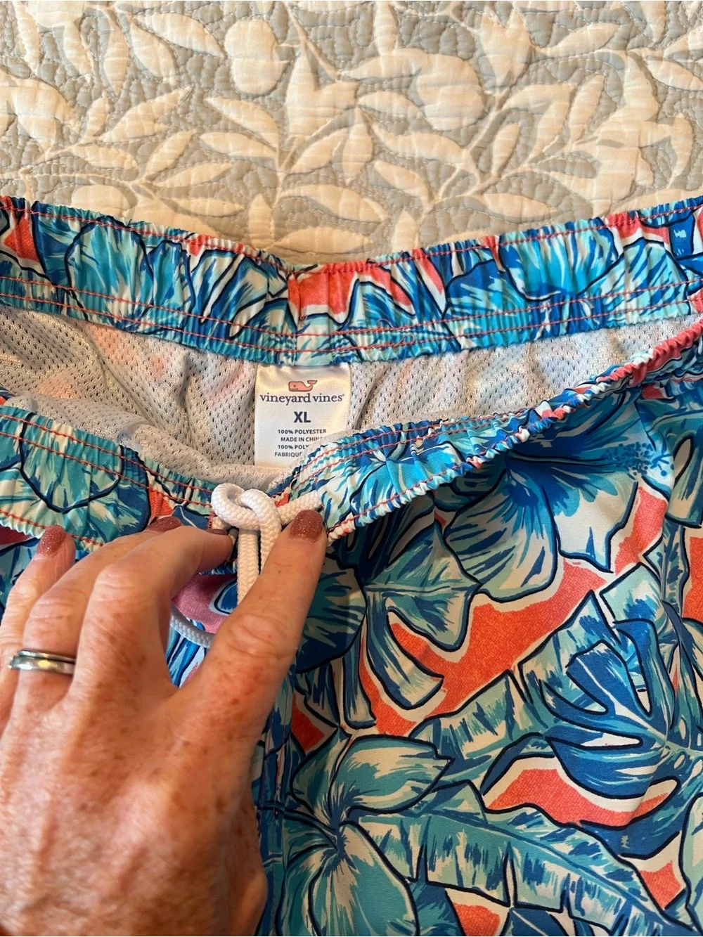 Vineyard Vines Blue Floral Swim Trunks with Coral Accent